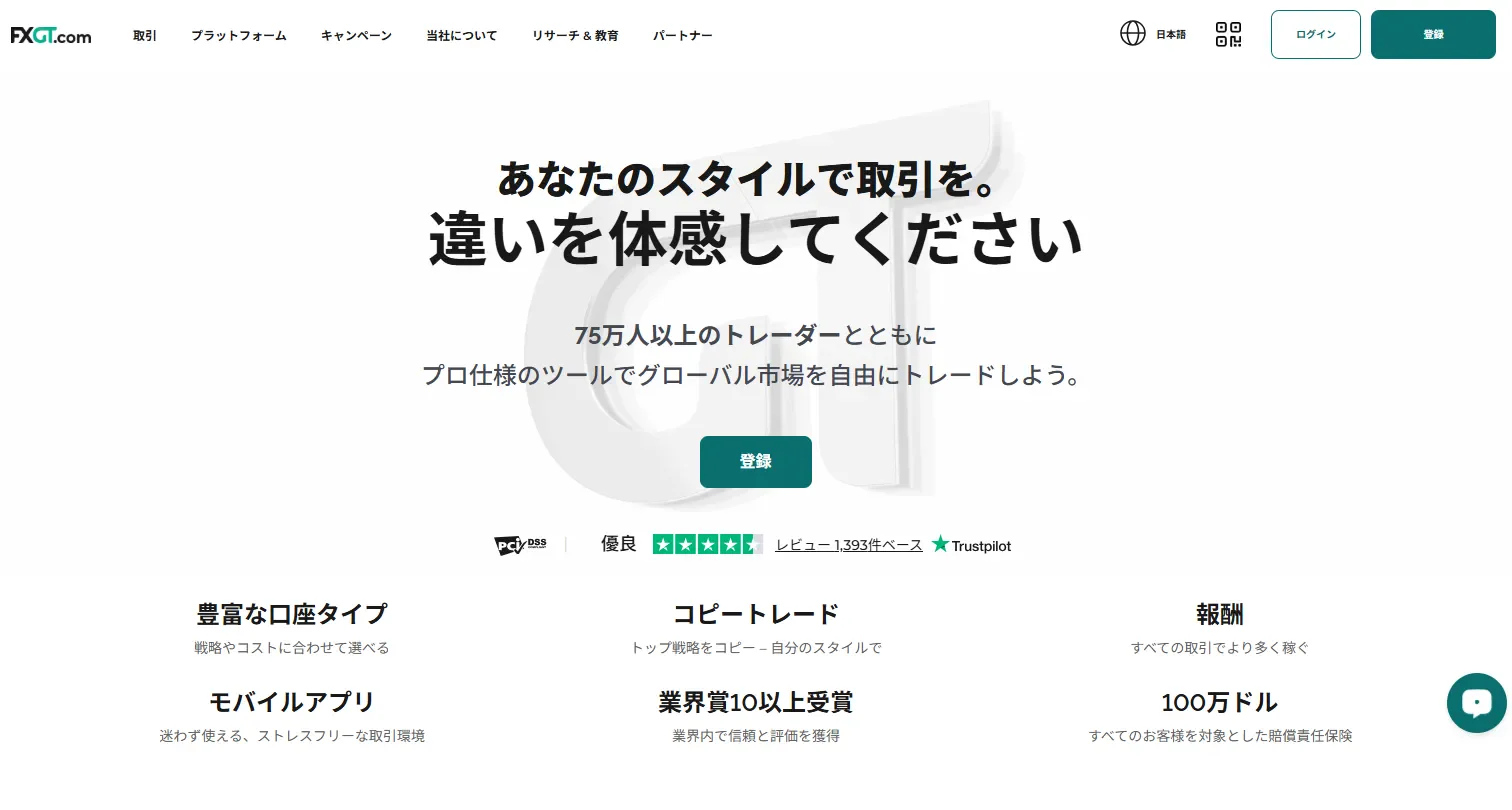 FXGT公式サイトのトップページ画面
